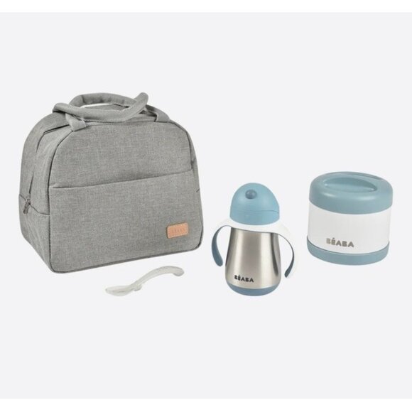 BEABA On-the-Go Mealtime Set Baby Travel Bag Thermo Cup Spoon Lunch Box 4pc New - Picture 1 of 8